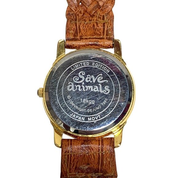 Limited Edition 1993 Save Animals Gold-Plated Cat Watch Brown Leather Strap - Picture 4 of 9